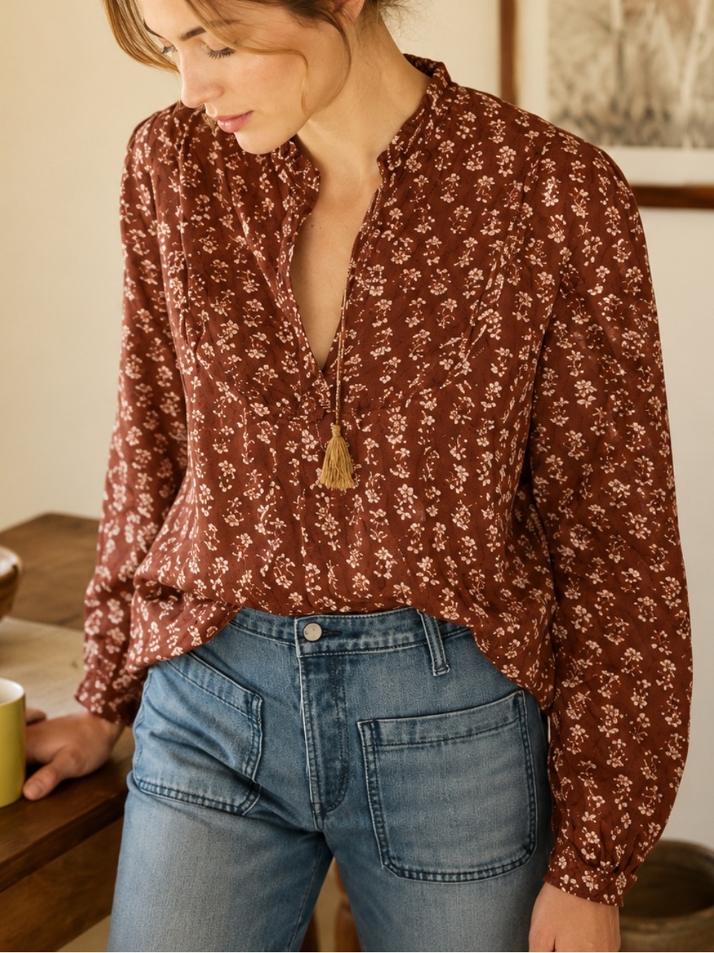 Doen Long Sleeve Floral Top - Rust - Small